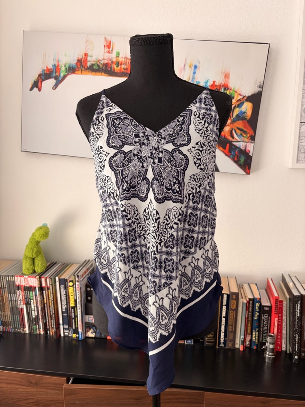 Women’s Navy & White Printed Handkerchief Hem Tank Top